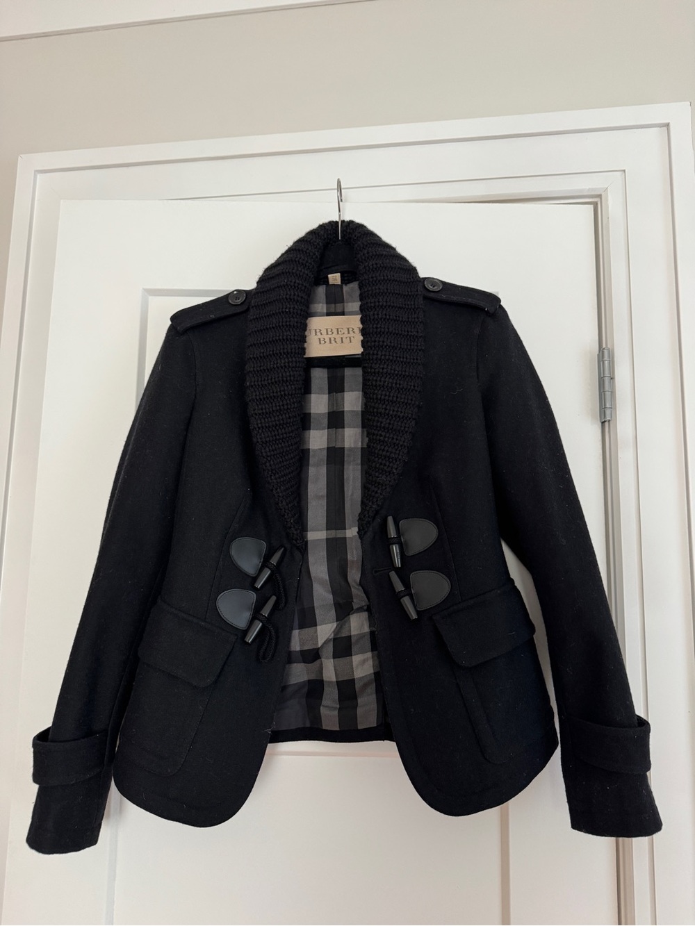 Burberry Black Wool Toggle Pea Coat with Shawl Collar